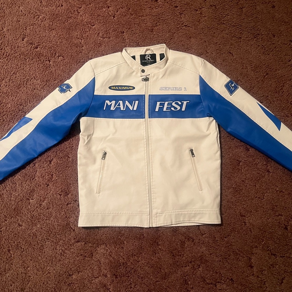 White and Blue Men's Medium Biker/Motorcycle Jacket